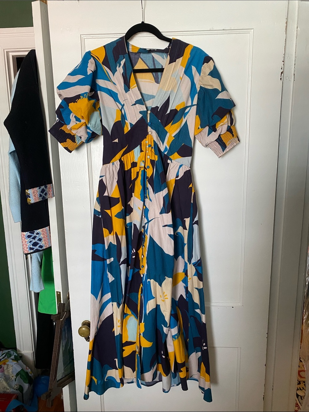Anthropologie Colorblock Floral Maxi Dress in Teal, Mustard & Navy